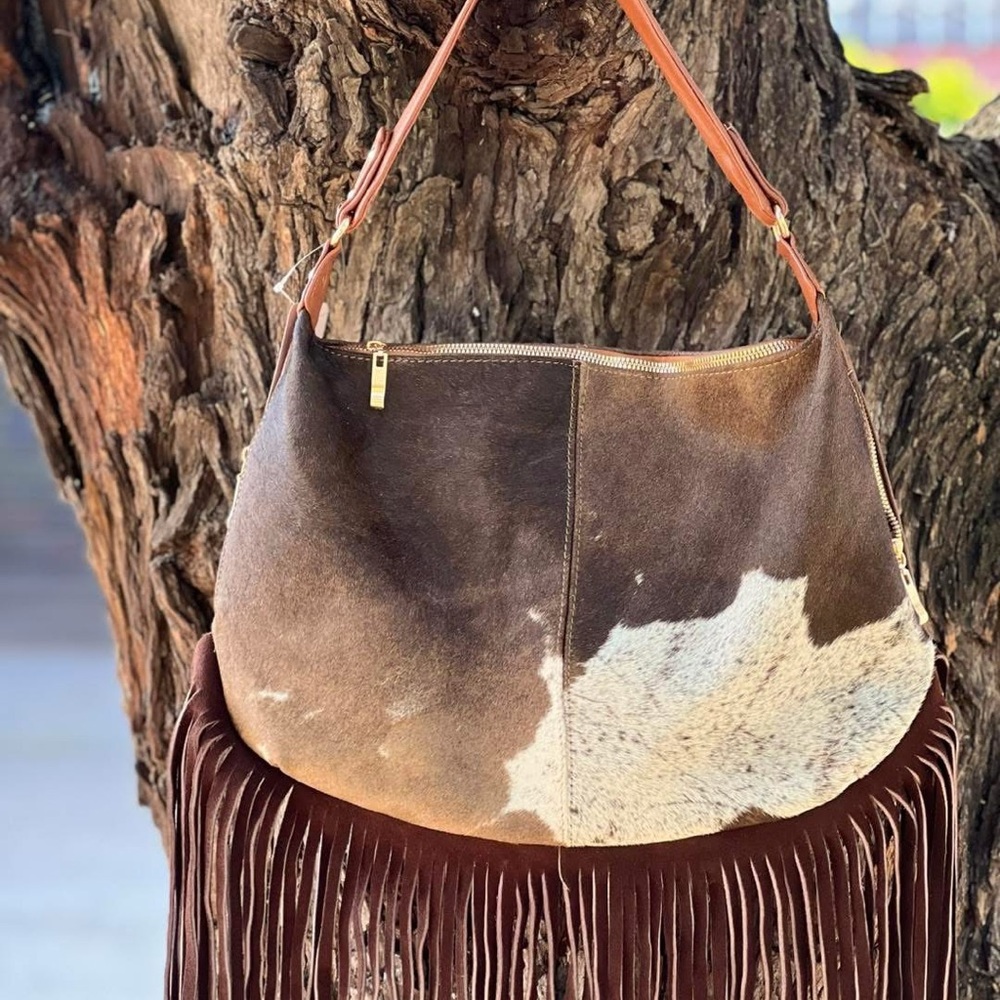 Brown and White Fringe Leather Bag
